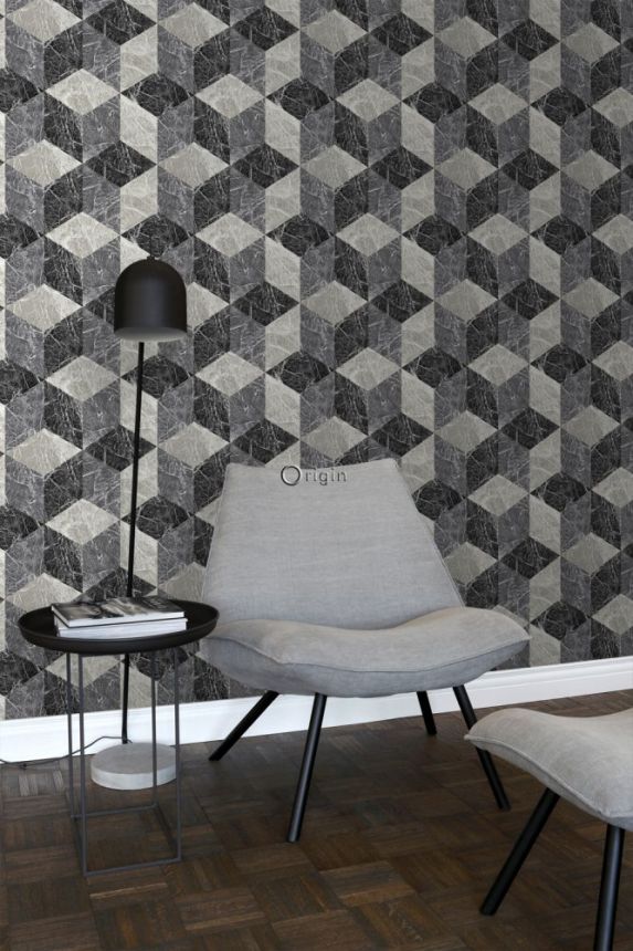 Non-woven wallpaper, imitation of gray-black marble 3D tiling 347318, Matières - Stone, Origin