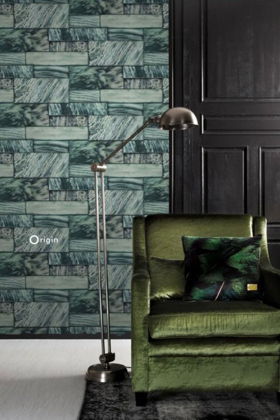 Non-woven wallpaper, decor green stone cladding 337252, Matières - Stone, Origin