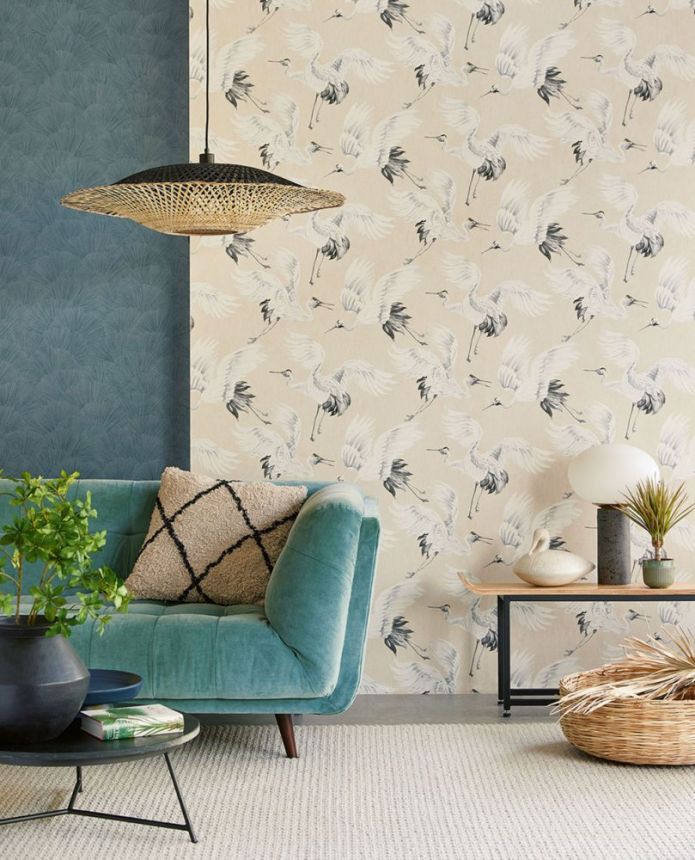 Non-woven cream / beige non-woven wallpaper, birds in flight 317350, Oasis, Eijffinger