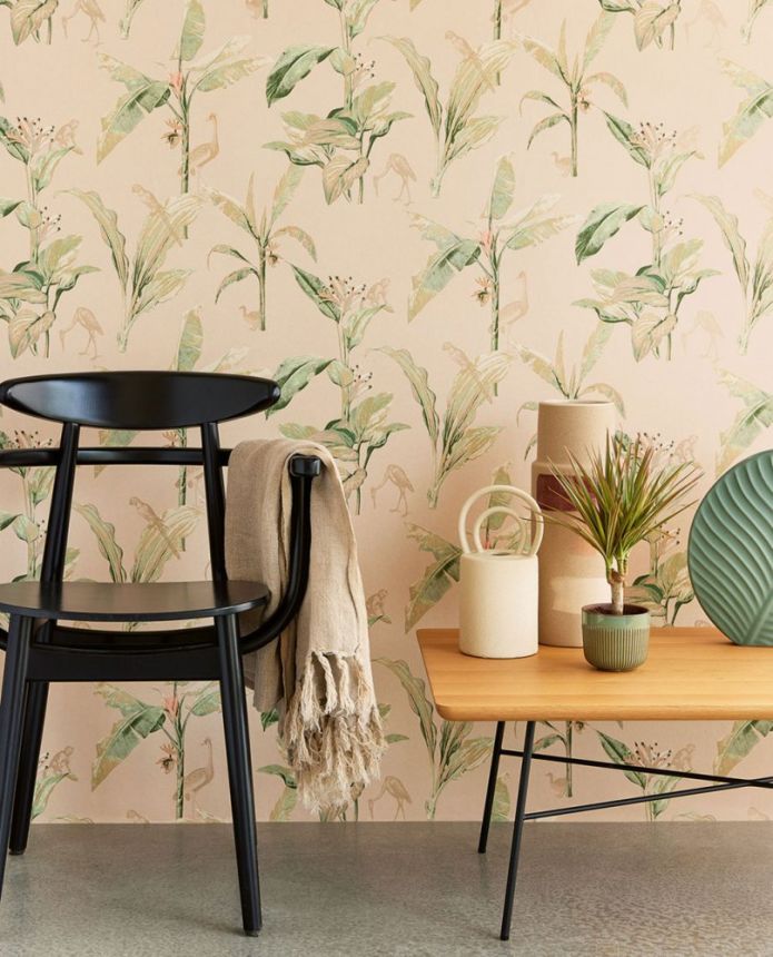 Non-woven beige wallpaper, palm leaves, birds, monkeys 317344, Oasis, Eijffinger