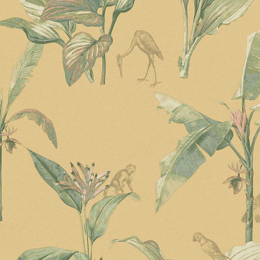 Non-woven ocher wallpaper, palm leaves, birds, monkeys 317343, Oasis, Eijffinger