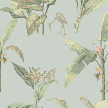 Non-woven blue wallpaper, palm leaves, birds, monkeys 317341, Oasis, Eijffinger