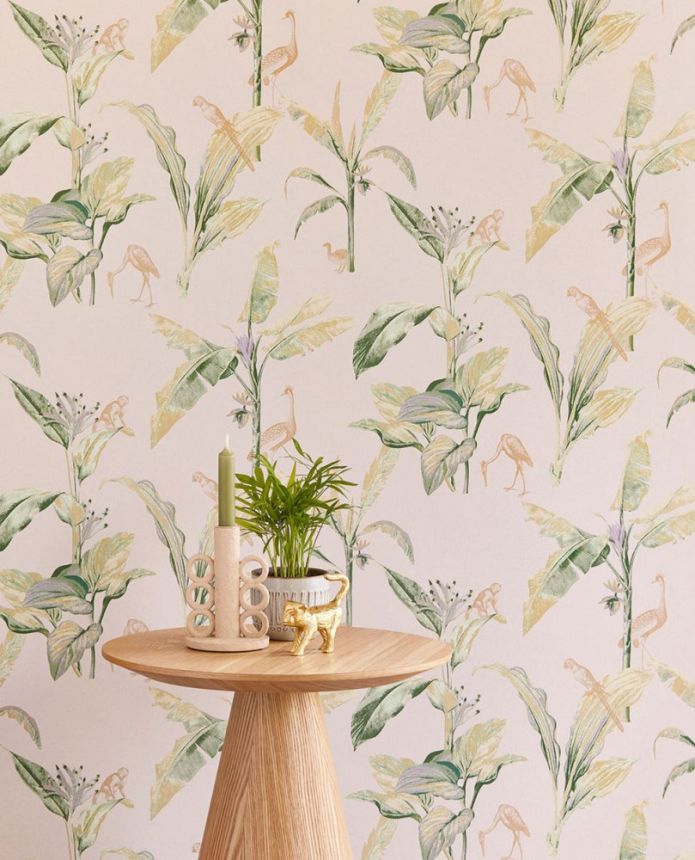 Non-woven cream wallpaper, palm leaves, birds, monkeys 317340, Oasis, Eijffinger