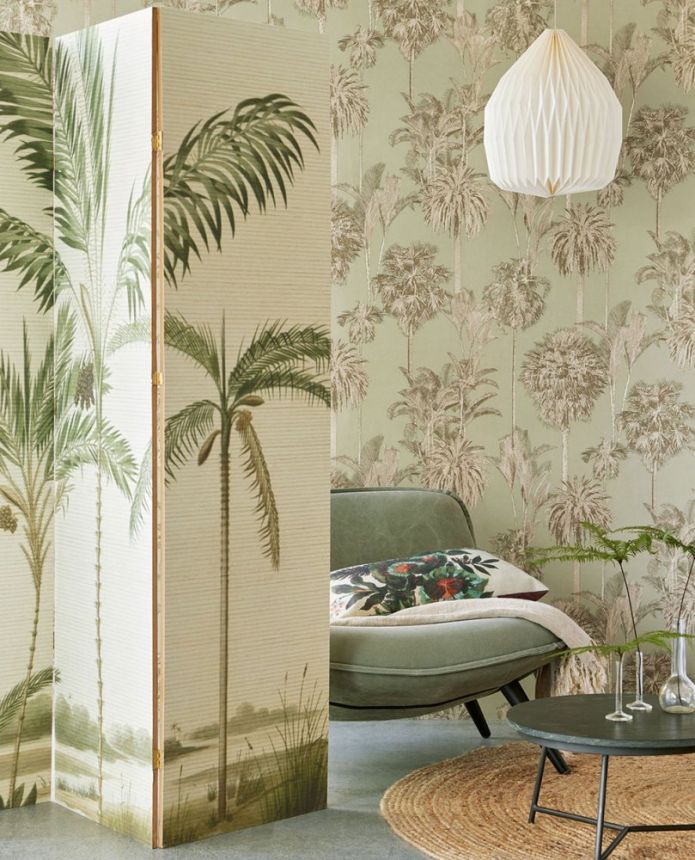 Gray-beige non-woven wallpaper Oasis, palm trees 317325, Oasis, Eijffinger