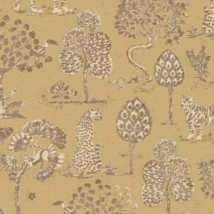 Ocher non-woven wallpaper with trees, tigers and leopards 317314, Oasis, Eijffinger