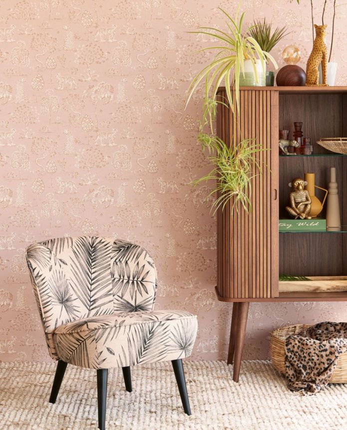 Pink non-woven wallpaper with trees, tigers and leopards 317312, Oasis, Eijffinger