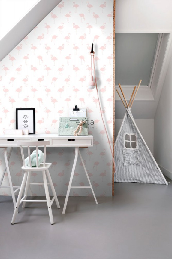 White non-woven wallpaper with pink flamingos 138918, Little Bandits, Esta