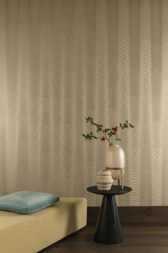 Golden non-woven wallpaper, feather graphic motif EE1305, Elementum, Grandeco