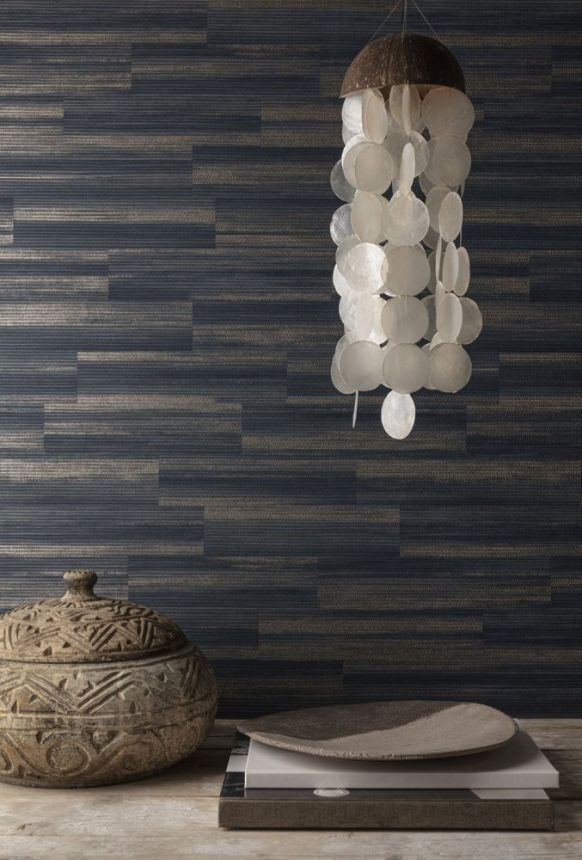 Blue-silver non-woven wallpaper with raffia look EE1106, Elementum, Grandeco