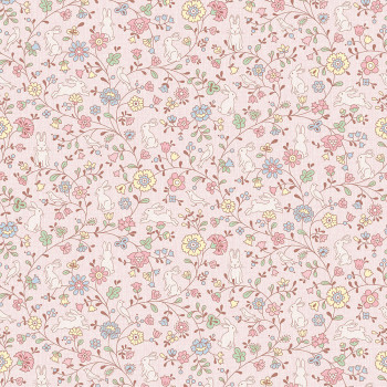 Pink non-woven children's wallpaper - flowers, bunnies JS3105, Jack´N Rose 2024 , Grandeco