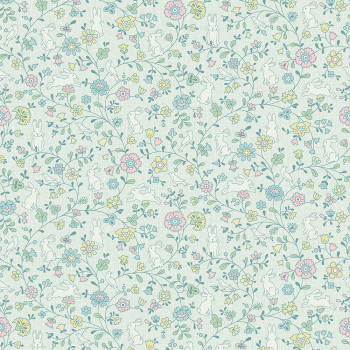 Green non-woven children's wallpaper - flowers, bunnies JS3102, Jack´N Rose 2024 , Grandeco