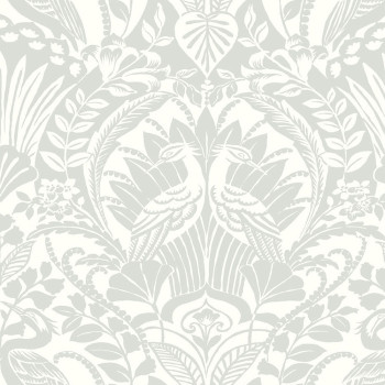 Green- white pre-pasted wallpaper, leaves, birds DM4998, Damask, York