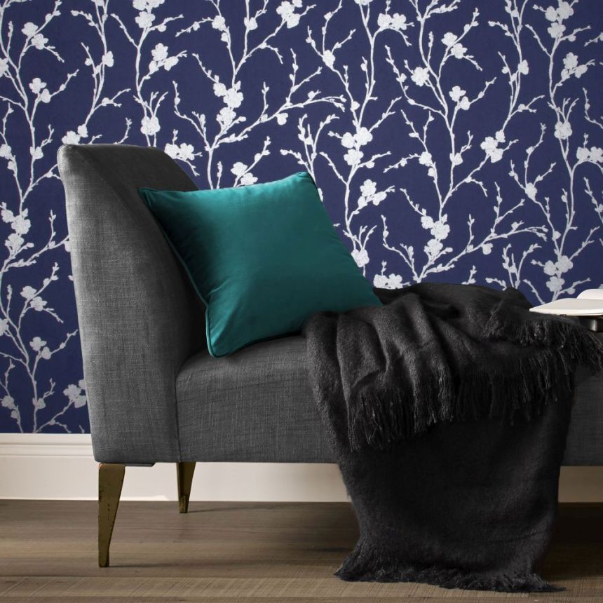 Blue wallpaper, silver twigs 103523, Reclaim, Graham&Brown